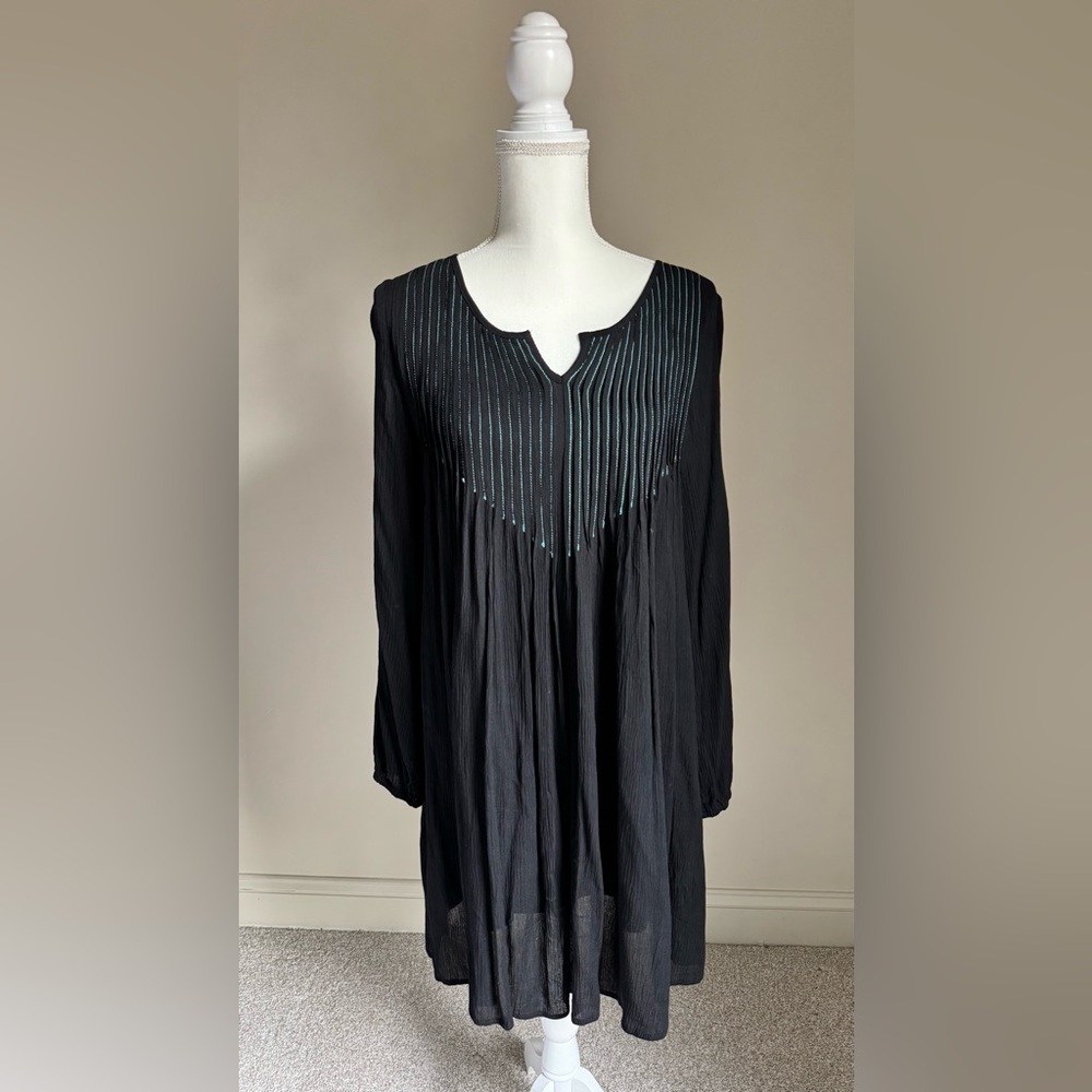 YA LOS ANGELES Black & Teal Pleated Long Sleeve Swing Dress Sz S